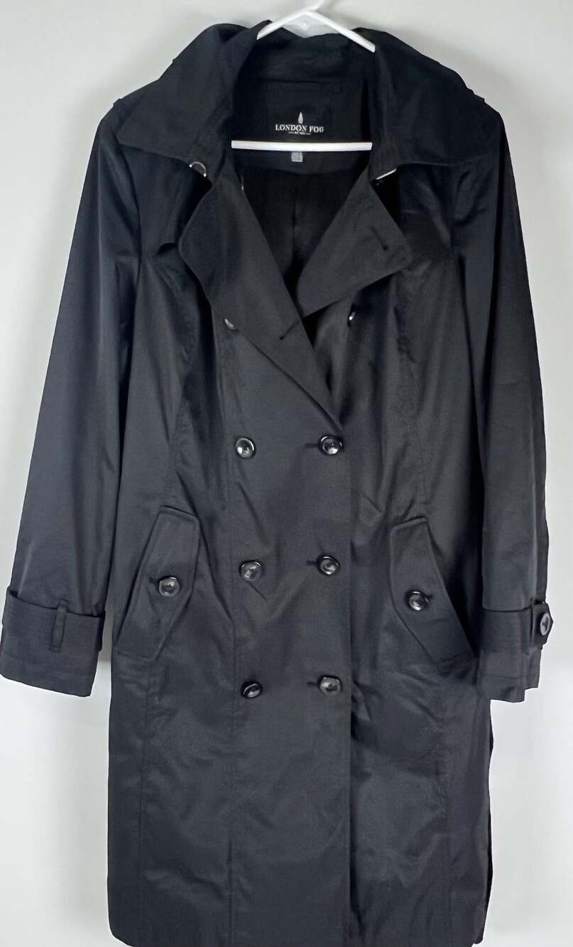 London Fog Black Double Breasted Trench Coat with Removable Hood XL